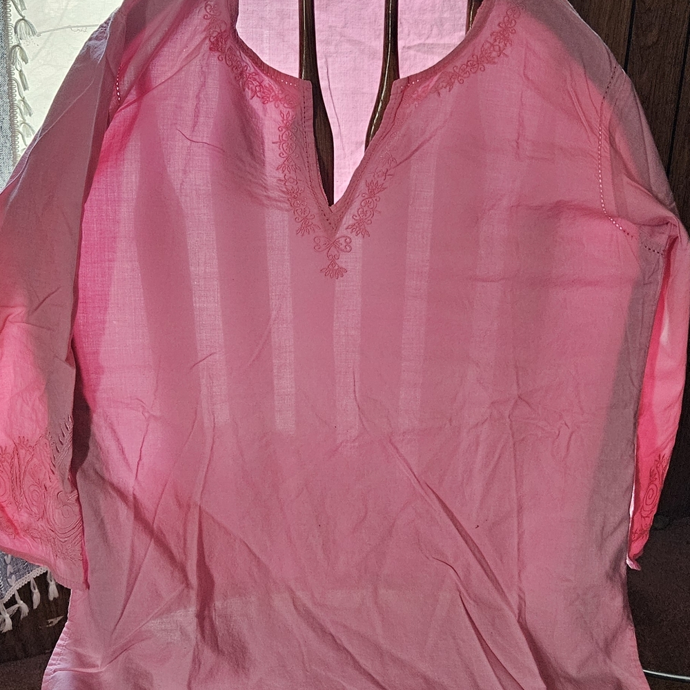 New York & Company Pink Embroidered Peasant Blouse XS Boho Cotton Top